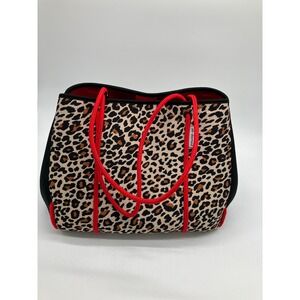 Ah-dorned Neoprene Tote Bag Animal Print Red Cord Handles Perforated Black Tan